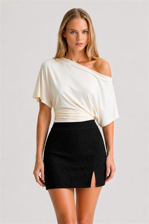 Simli Örme Yırtmaçlı Mini Etek