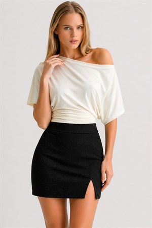 Simli Örme Yırtmaçlı Mini Etek