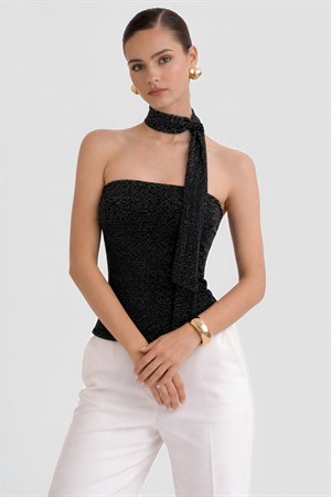 Simli Şal Detaylı Straplez Bluz Işıltılı Top