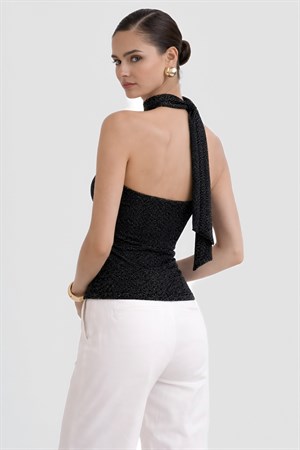 Simli Şal Detaylı Straplez Bluz Işıltılı Top