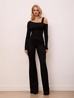 Siyah Asimetrik Yaka Uzun Kollu Çift Kat Pamuklu Likralı Bluz