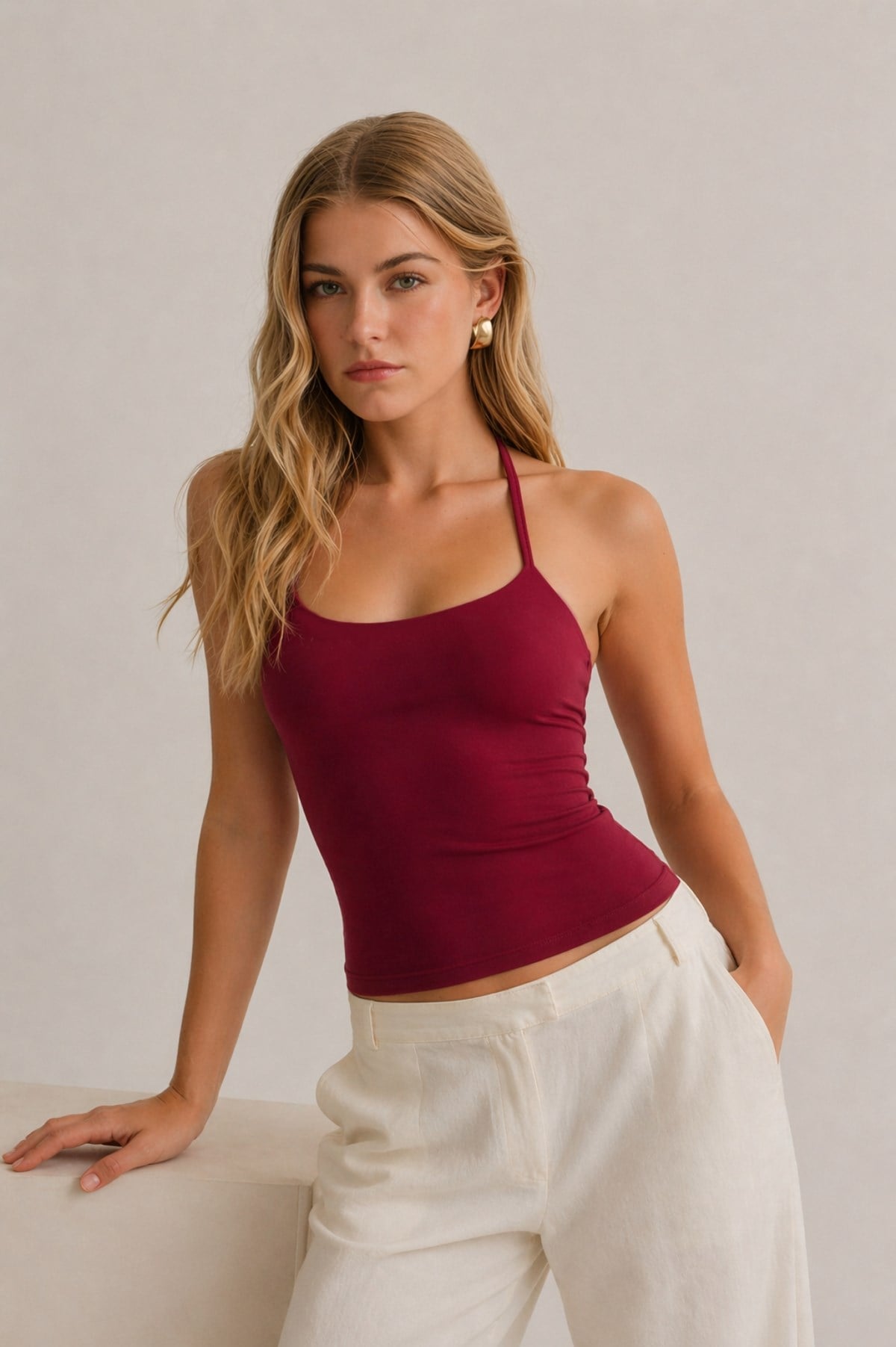 Bordo Halter Yaka Pamuklu Boyundan Bağlamalı Üst Bluz
