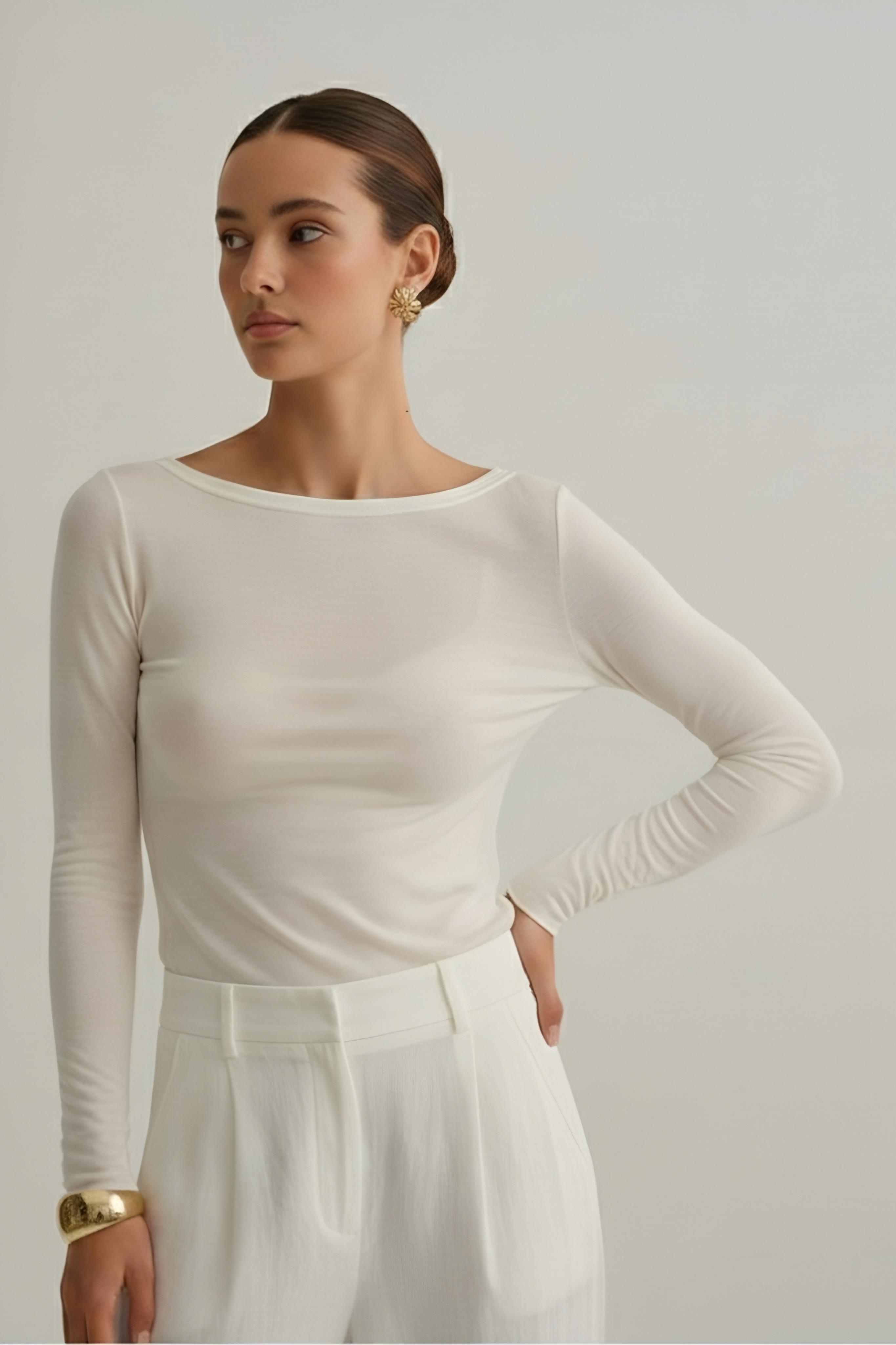 Ekru transparan kayık yaka modal uzun kol bluz