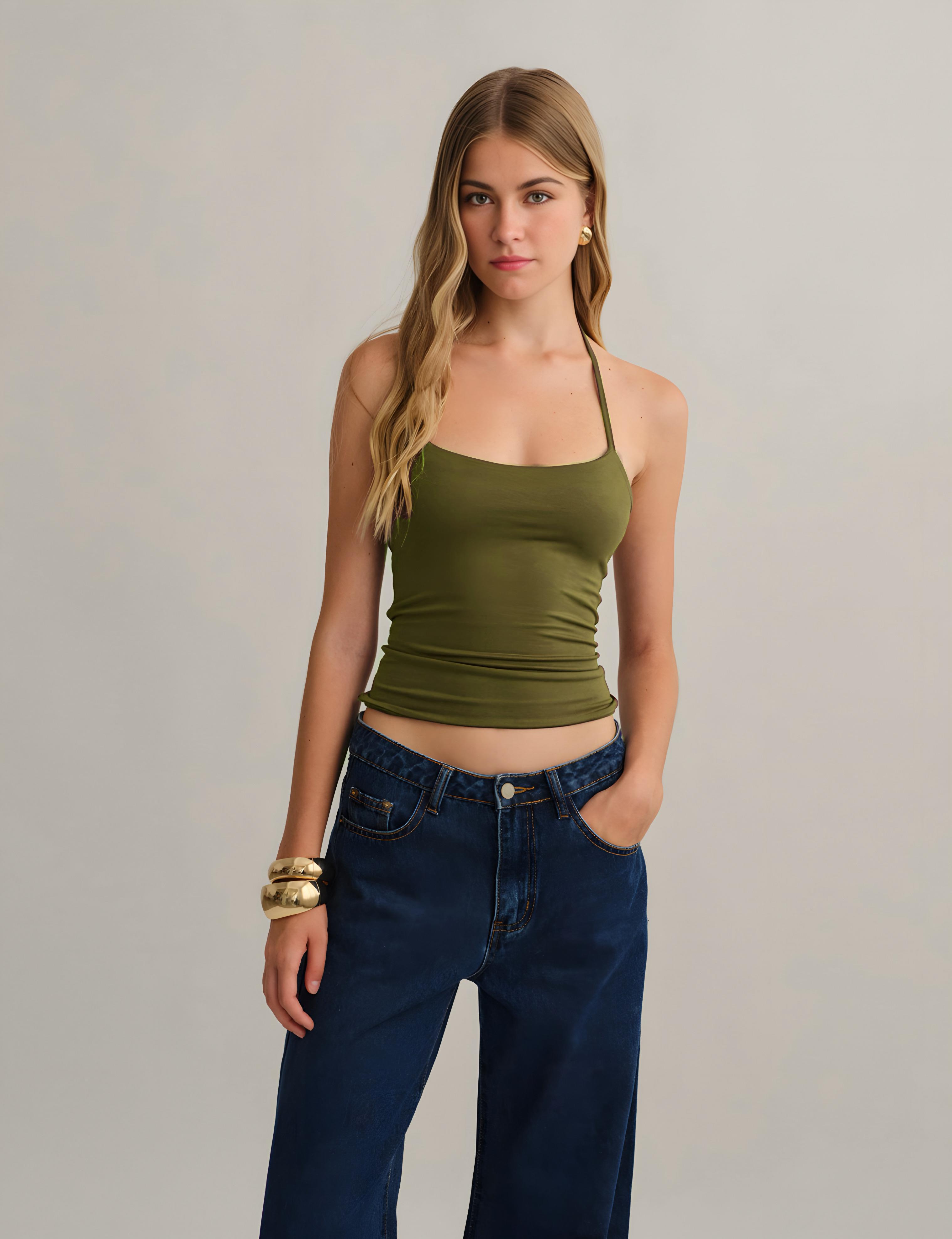 Halter Yaka Pamuklu Boyundan Bağlamalı Üst Bluz