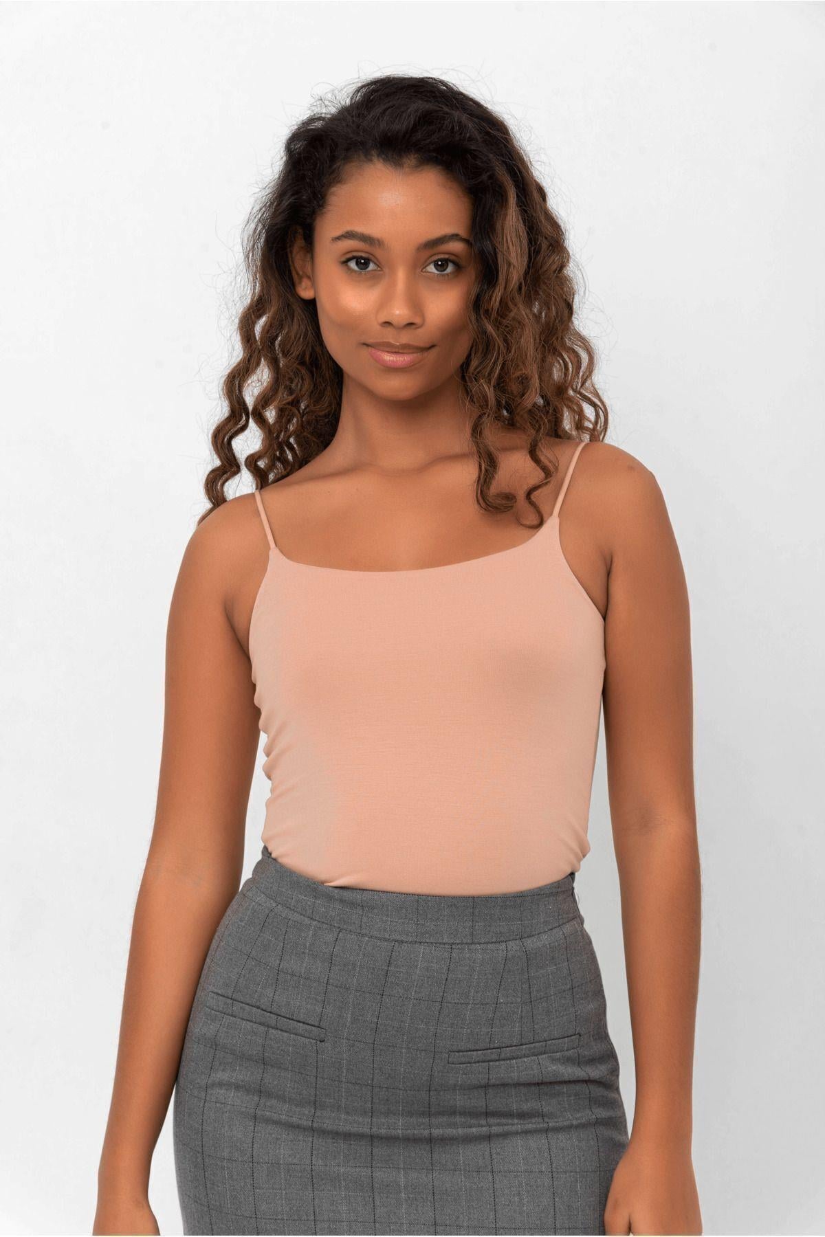 Kadın Camel Ip Askılı Pamuklu Bluz