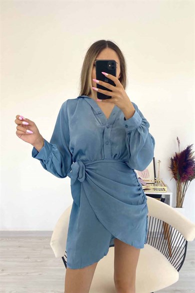Zara Model Saten Elbise Mavi - Doğa Fashion