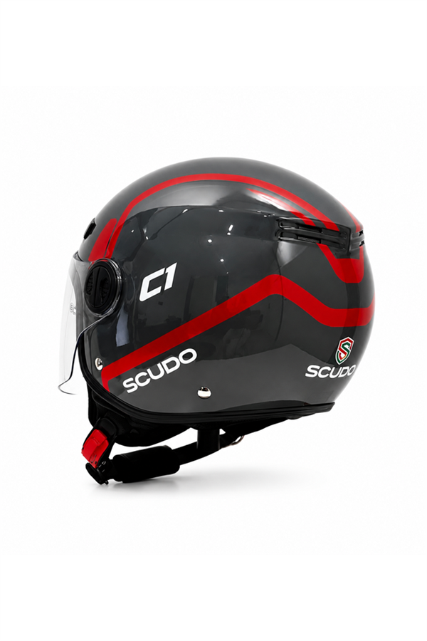 Scudo C1 Open Face Çene Açık Motosiklet Kaskı Ece 22.06 Sertifikalı Gri/Kırmızı