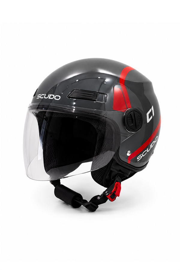 Scudo C1 Open Face Çene Açık Motosiklet Kaskı Ece 22.06 Sertifikalı Gri/Kırmızı