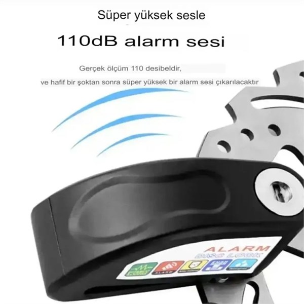 Alarmlı Motosiklet Disk Kilidi 110 Desibel Su Geçirmez Hareket Sensörlü Siyah