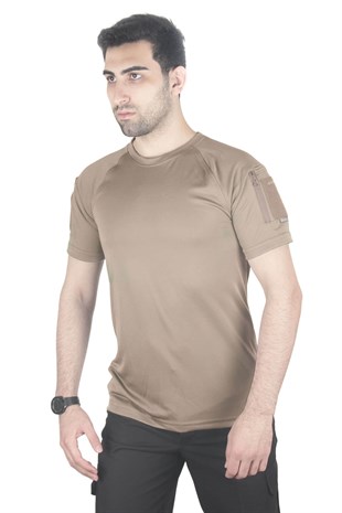 Bisiklet Yaka Taktik Tişört Kısa Kollu Bej