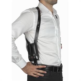 Dik Desenli Deri Koltuk Altı Tabanca Kılıfı Çift Şarjörlüklü Siyah-Universal