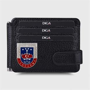 Hakiki Deri Çift Taraflı Para Tokalı Mini Rozetli Jandarma Cüzdanı Siyah