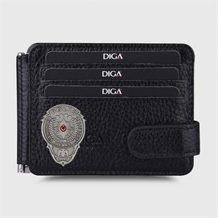 Hakiki Deri Çift Taraflı Para Tokalı Mini Rozetli Polis Cüzdanı Siyah