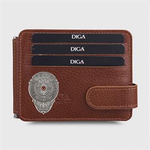 Hakiki Deri Çift Taraflı Para Tokalı Mini Rozetli Polis Cüzdanı Taba