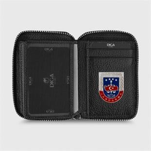 Hakiki Deri Fermuarlı Mini Rozetli Jandarma Cüzdanı Siyah