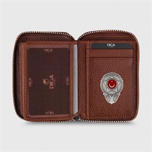 Hakiki Deri Fermuarlı Mini Rozetli Özel Güvenlik Cüzdanı Taba