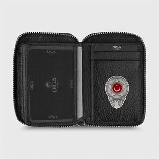 Hakiki Deri Fermuarlı Mini Rozetli Özel Güvenlik Cüzdanı Siyah