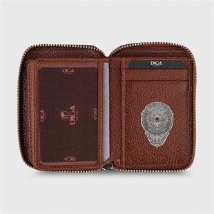 Hakiki Deri Fermuarlı Mini Rozetli Polis Cüzdanı Taba