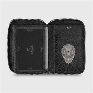 Hakiki Deri Fermuarlı Mini Rozetli Polis Cüzdanı Siyah