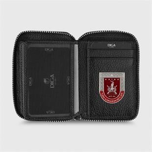 Hakiki Deri Fermuarlı Mini Rozetli Türk Kara Kuvvetleri Cüzdanı Siyah