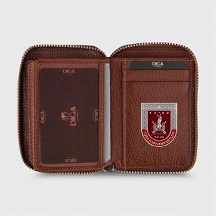 Hakiki Deri Fermuarlı Mini Rozetli Türk Kara Kuvvetleri Cüzdanı Taba