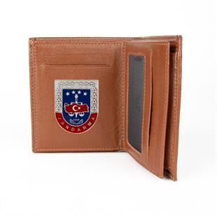 Hakiki Deri Fonksiyonel Model Mini Rozetli Jandarma Cüzdanı Taba