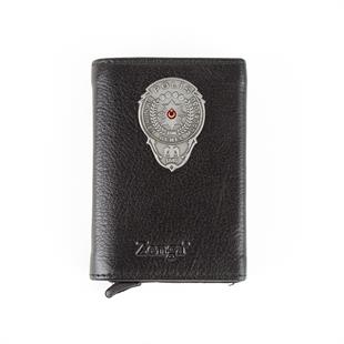 Hakiki Deri Otomatik Mekanizmalı Mini Rozetli Polis Kartlık Siyah