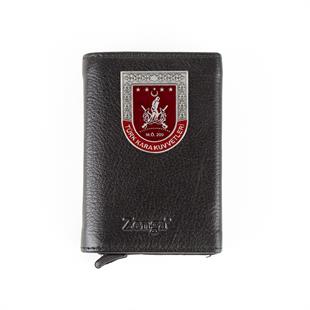 Hakiki Deri Otomatik Mekanizmalı Mini Rozetli Türk Kara Kuvvetleri Kartlık Siyah