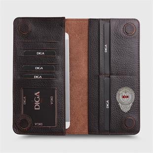 Hakiki Deri Portföy Modeli Telefon Gözlü Mini Rozetli Jandarma Genel Komutanlığı Cüzdanı Kahverengi