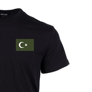 Mini Haki Türk Bayrağı Baskılı Tişört Siyah