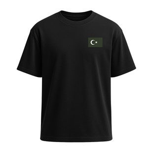 Mini Haki Türk Bayrağı Baskılı Tişört Siyah