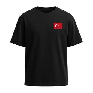 Mini Kırmızı Türk Bayrağı Baskılı Tişört Siyah