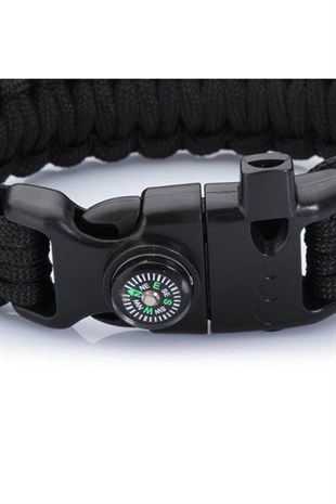 Paracord Bileklik-Pusula-Ateş Başlatıcı-Düdük-Siyah