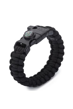 Paracord Bileklik-Pusula-Ateş Başlatıcı-Düdük-Siyah
