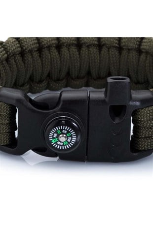 Paracord Bileklik -Pusula-Ateş Başlatıcı-Düdük-Yeşil