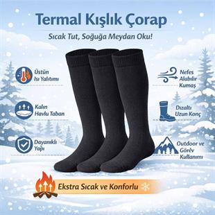 Siyah Uzun Konç Kışlık Termal Havlu Çorap