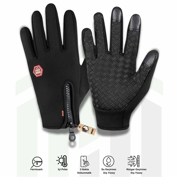 Softshell Motosiklet Eldiveni Kışlık Rüzgar Geçirmez Dokunmatik Kaymaz Siyah