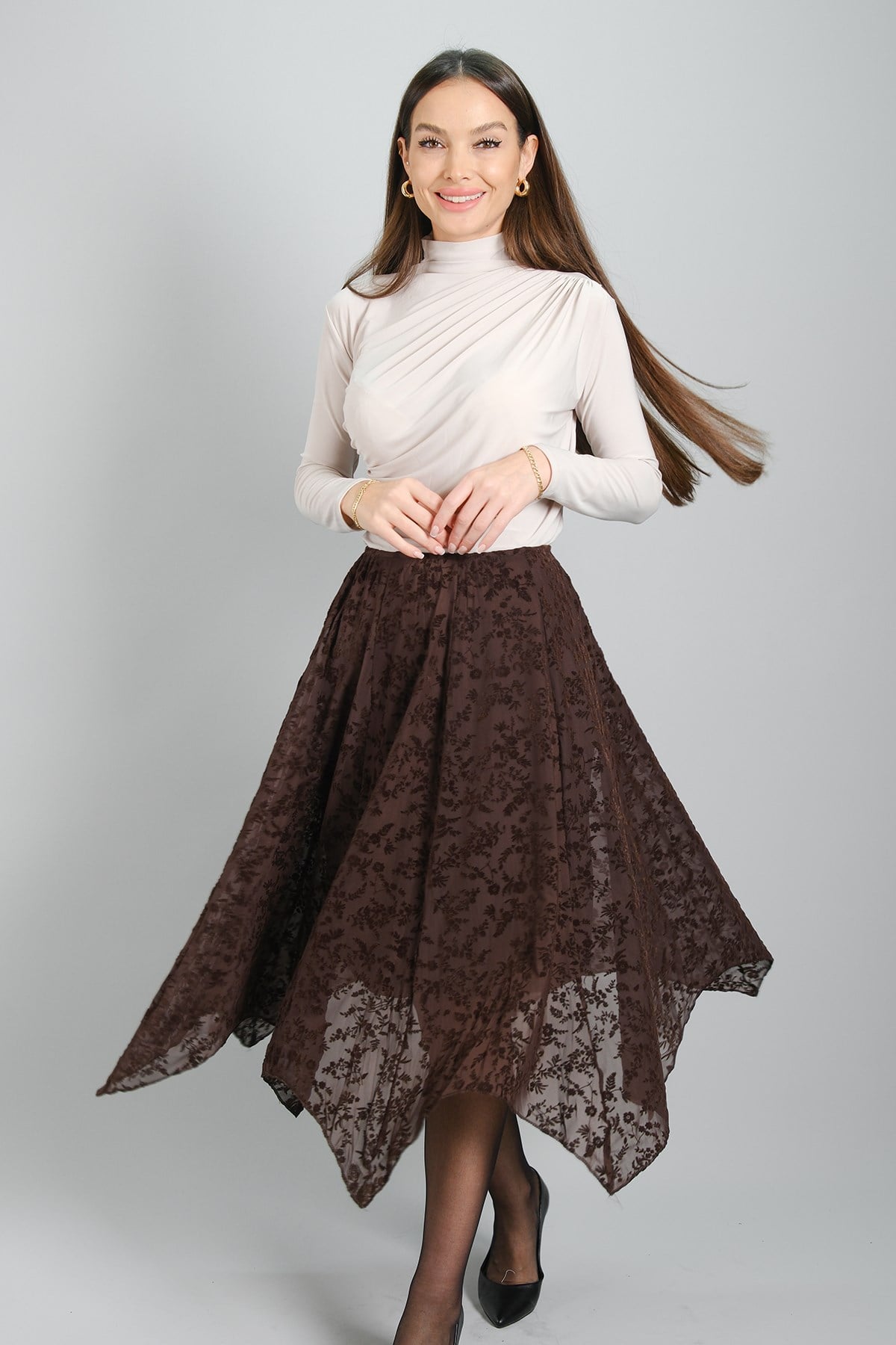 Sweetness Kadın Kahverengi Flok Desenli Şifon Kumaş Parçalı Model Astarlı EtekSWEETNESS