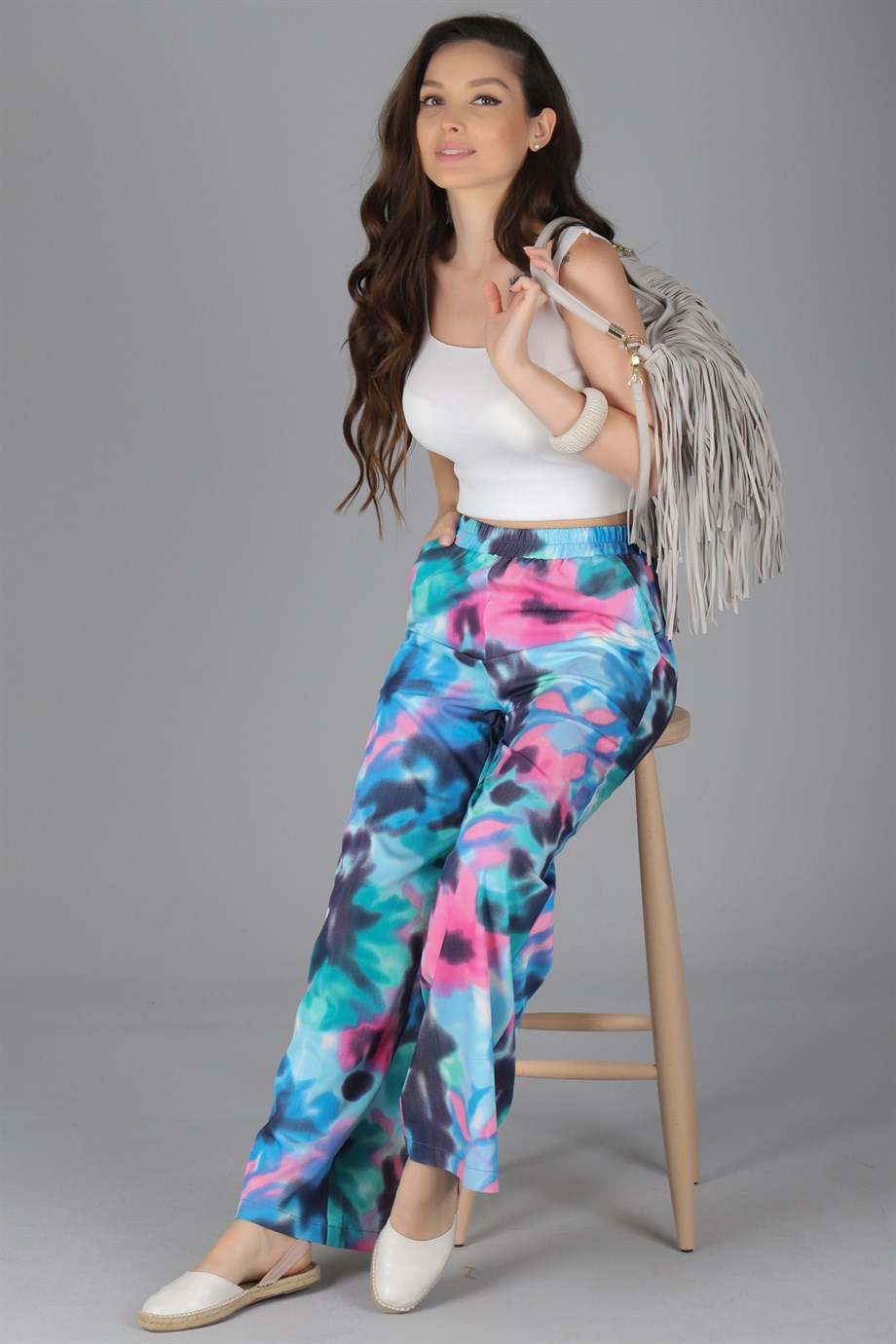 SWEETNESS Women Tie-Dye Patterned Wide Leg Waist Elastic Trousers