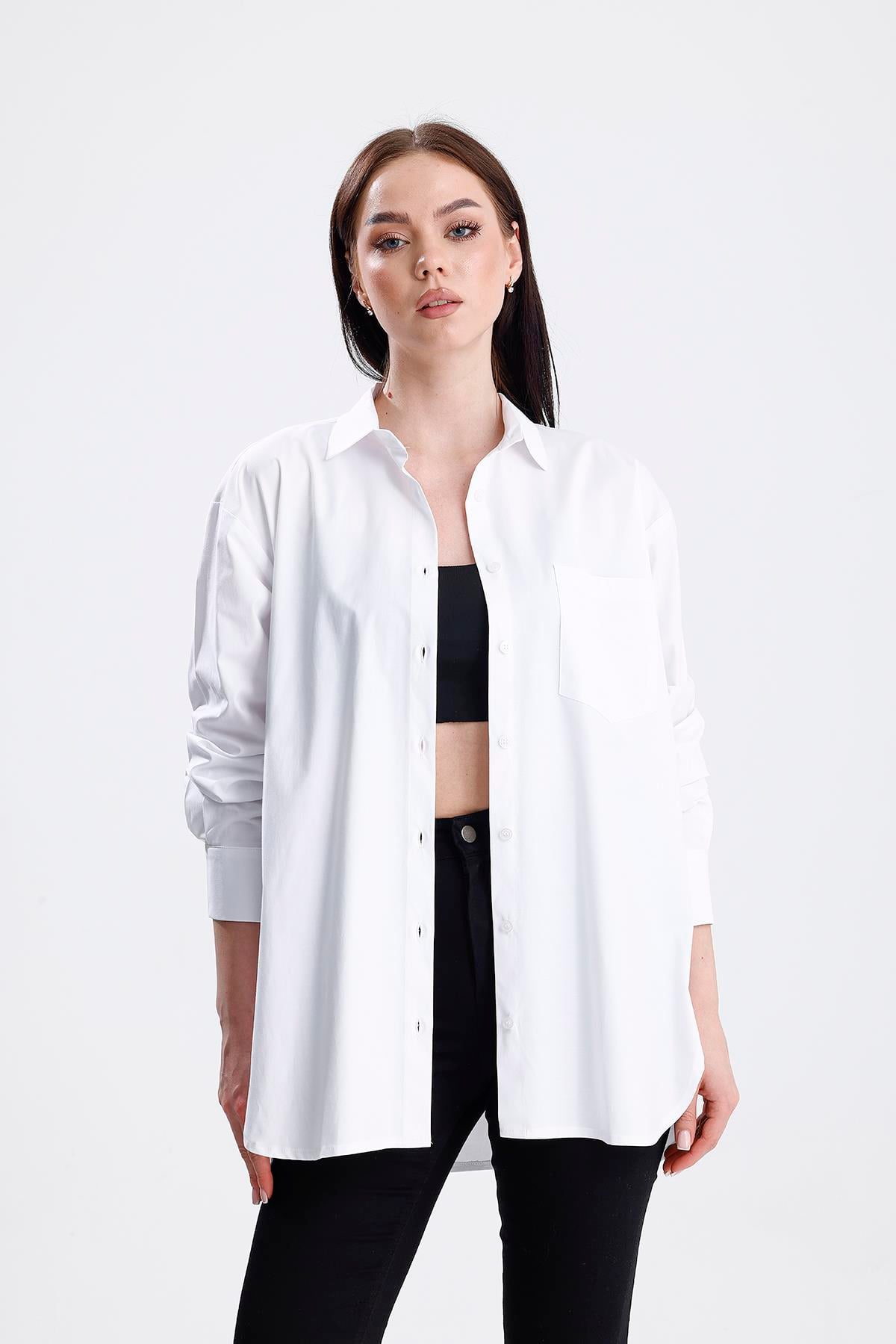 SWEETNESS Kadın Beyaz Oversize Likralı Uzun Kol Pamuklu GömlekSWEETNESS