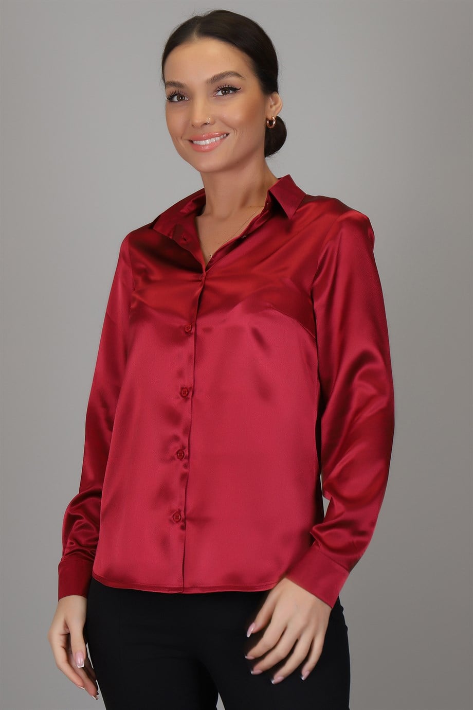 SWEETNESS Women's Claret Red Satin ShirtSWEETNESS