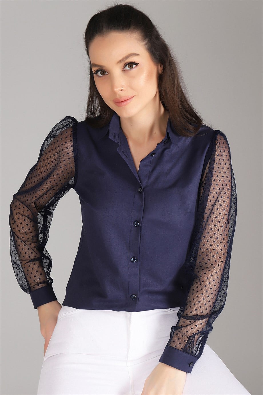 Sweetness Women's Navy Blue Tulle Sleeve Detailed Shirt