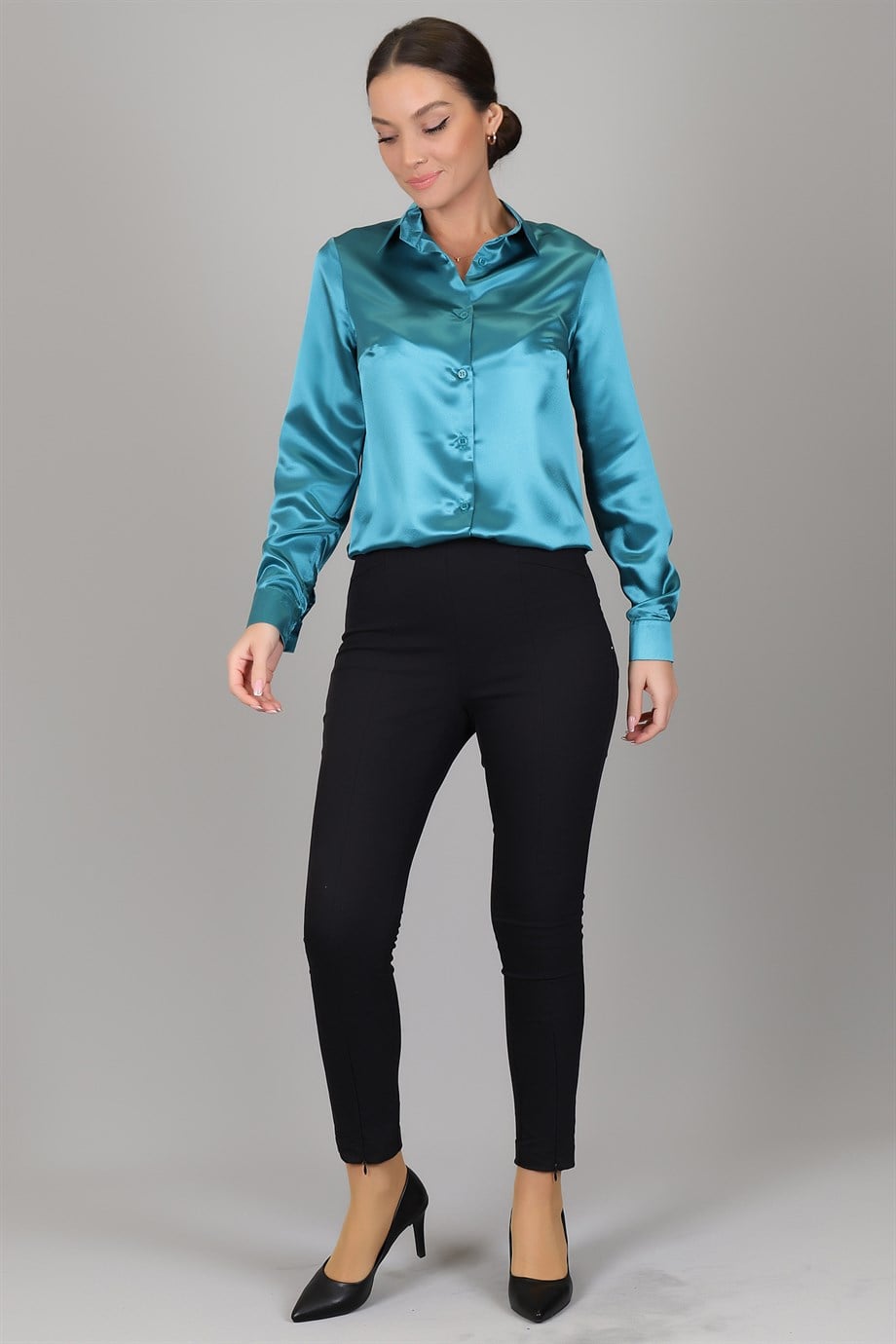 SWEETNESS Women's Petrol Green Satin ShirtSWEETNESS