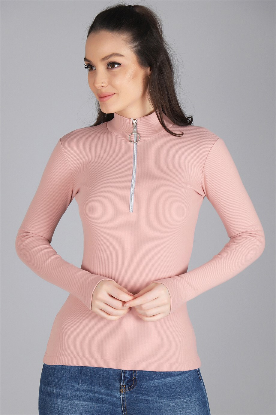 Sweetness Kadın Pudra Fermuar Detaylı Kaşkorse Bluz