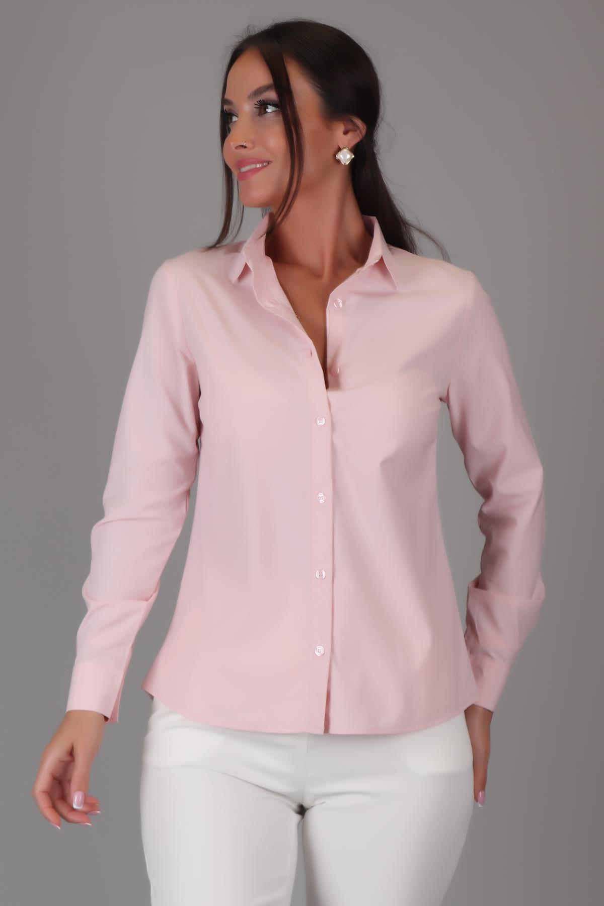 Sweetness Kadın Pudra  Pembe Likralı Uzun Kol Pamuklu Klasik GömlekSWEETNESS