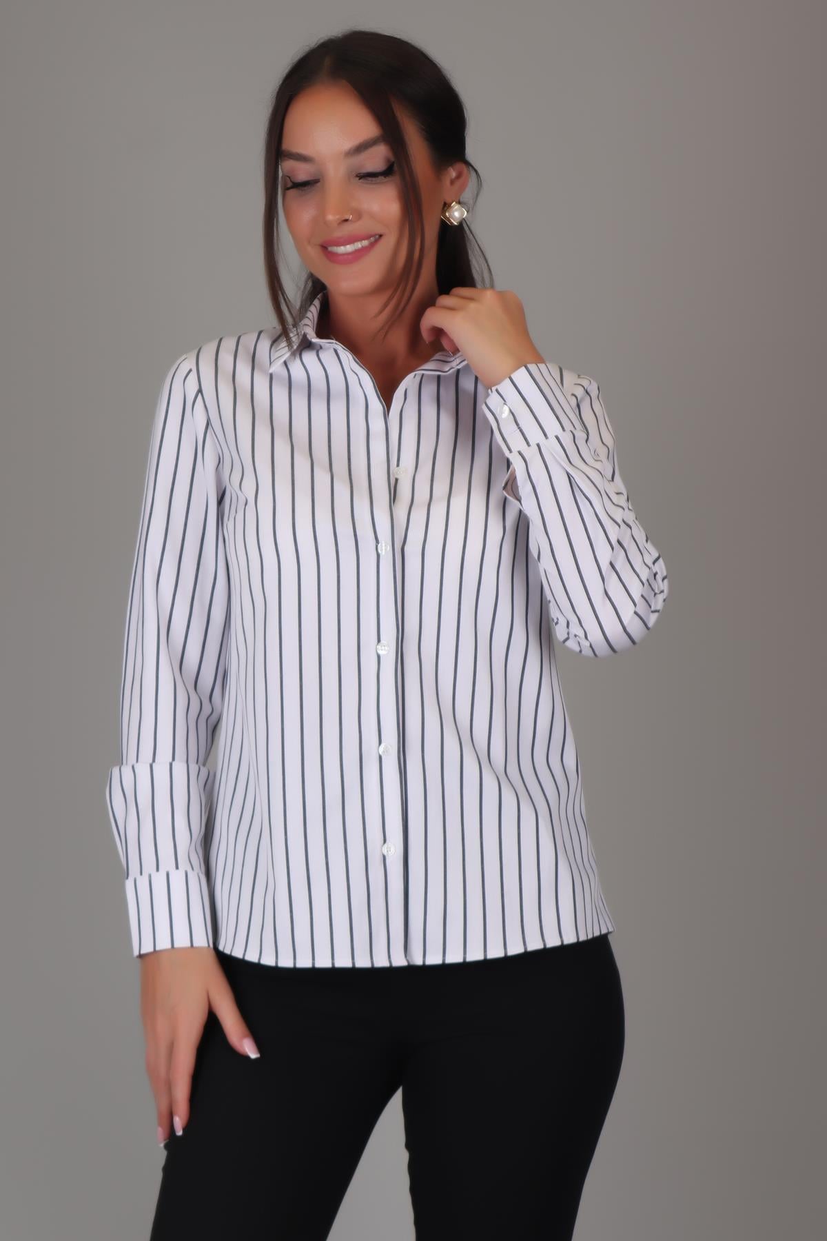 SWEETNESS Kadın Siyah Çizgili Uzun Kollu Likralı Pamuklu Klasik Gömlek DK001-3SWEETNESS