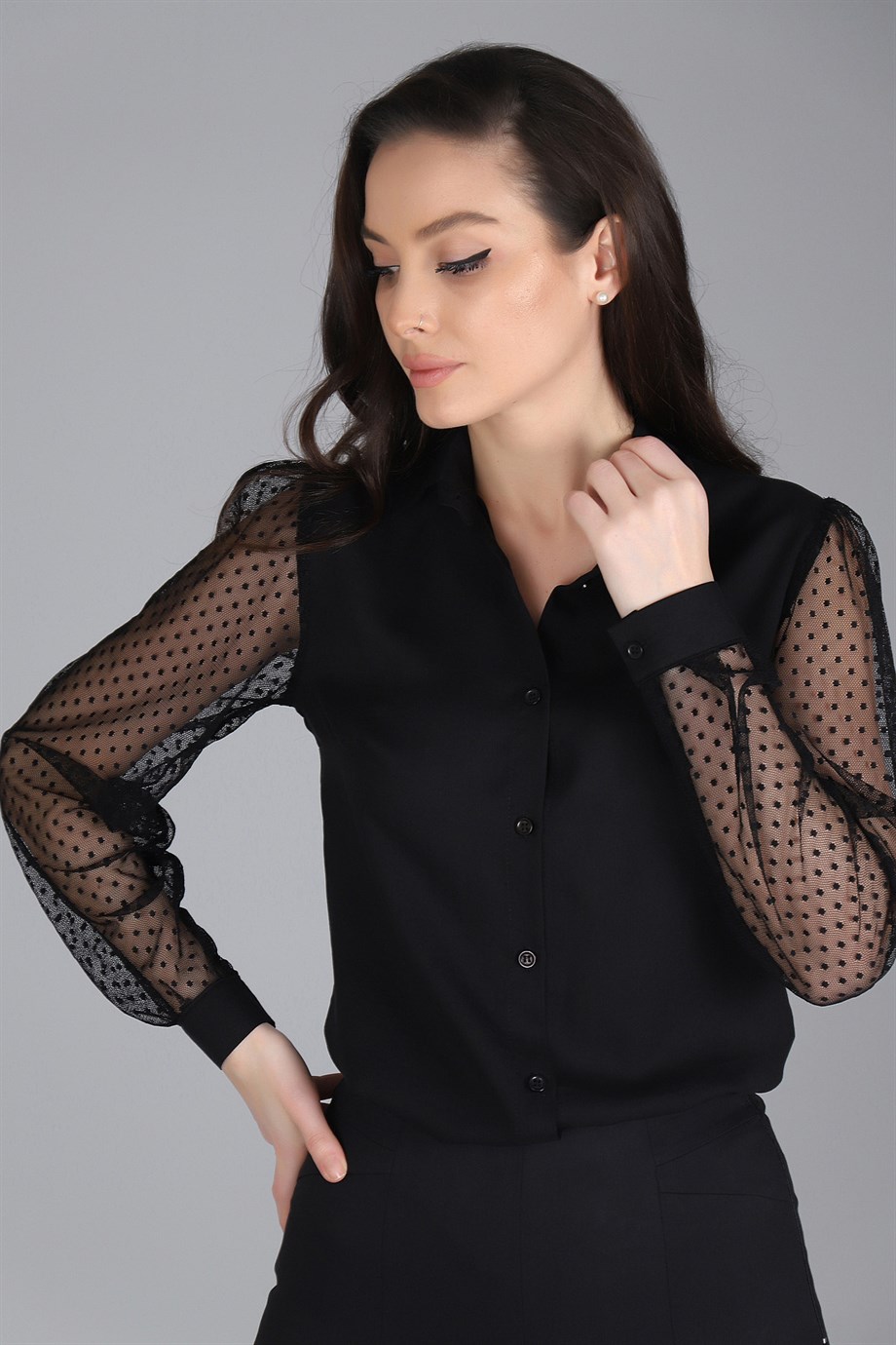 Sweetness Women Black Tulle Sleeves Shirt