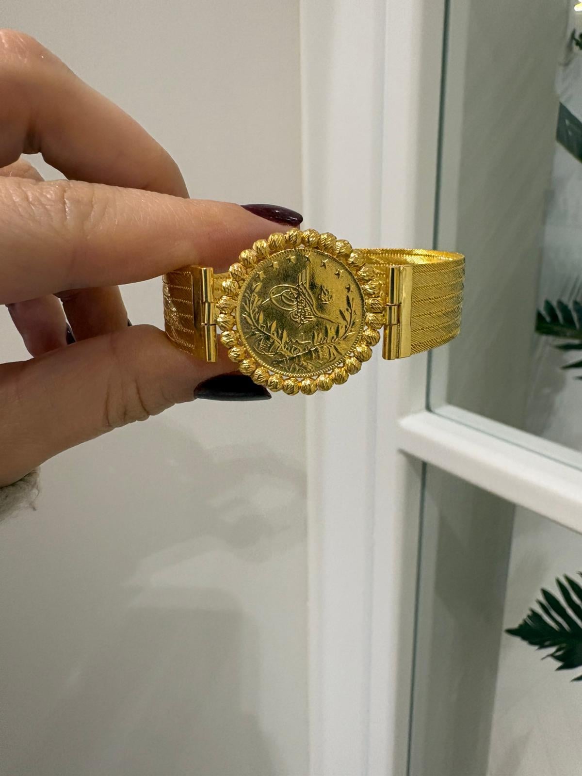 925 Ayar Gümüş Gold 5 Sıra Doricalı Tuğralı Hasır Bileklik