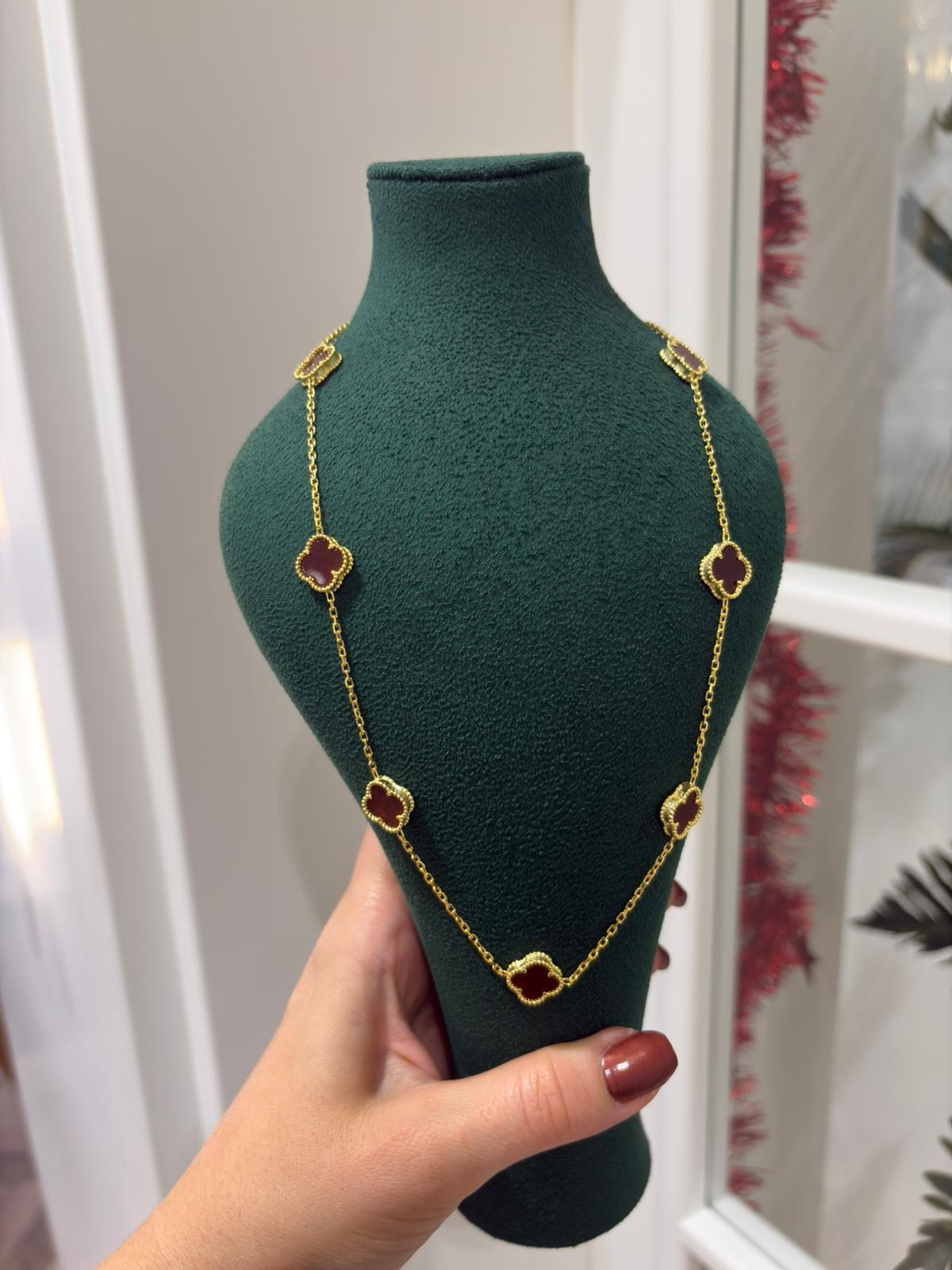 Kadın Gümüş 7 Yoncalı Bordo Kolye 