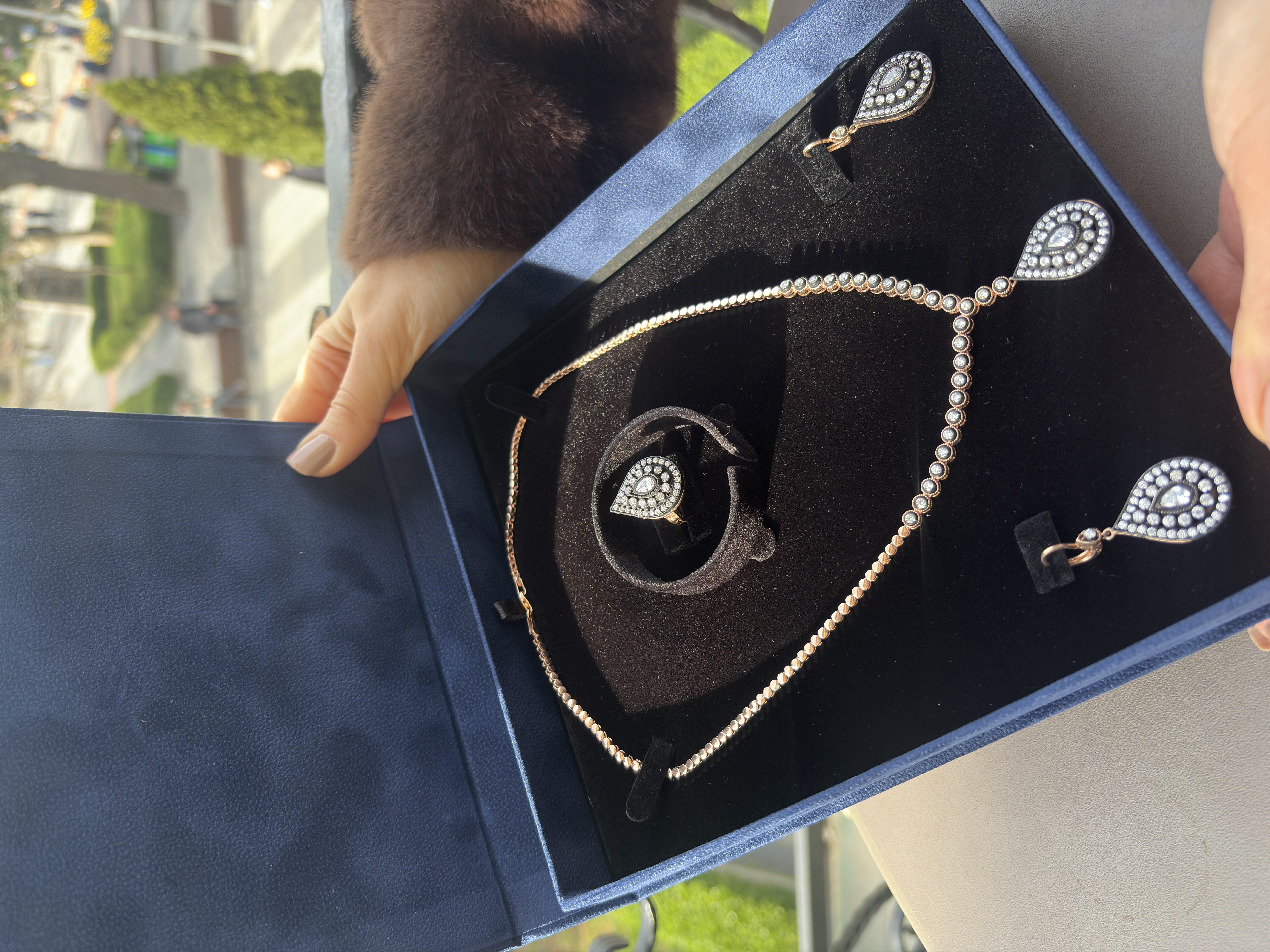 Kadın Gümüş Damla Modeli Elmas Montür Set